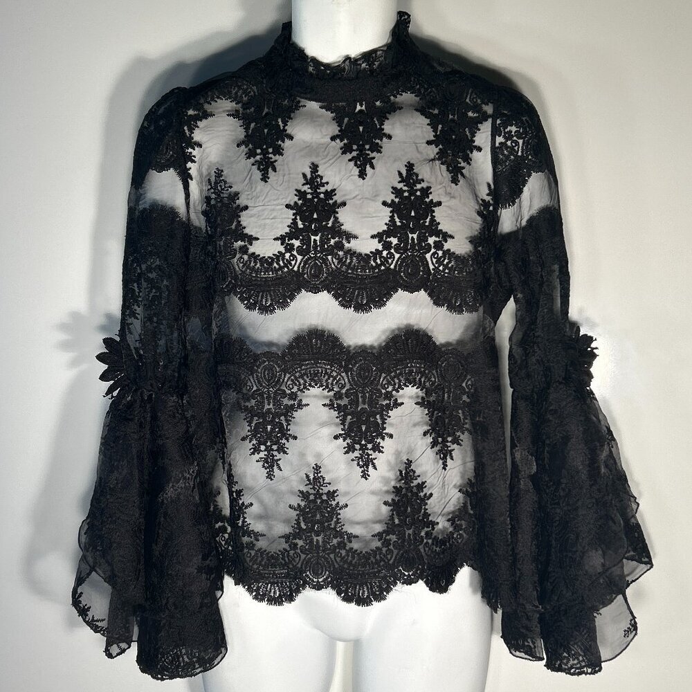 N by Nancy SZS Black Lace Sheer Blouse Boho Dark Romance Feminine Whimsigoth